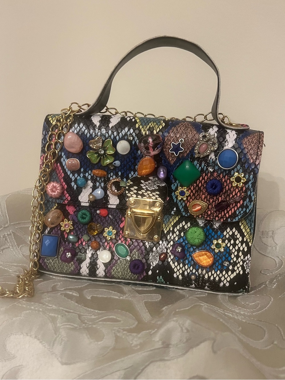 Embellished Multicolor Snake-Print Top Handle Bag
